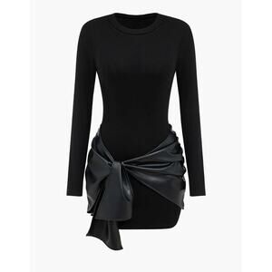 Faux Leather Patchwork Tie Front Round Neck Ruched Mini Dress